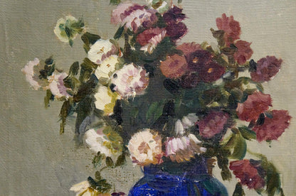 Oil painting of vibrant blue vase with pink, white, red flowers by Shvarts