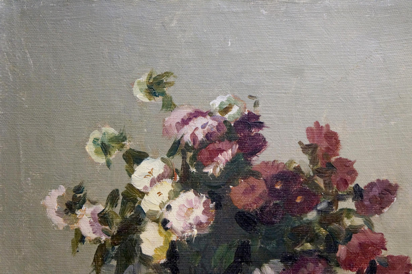 Oil painting of pink, red, white roses by Vyacheslav Grigor’yevich Shvarts