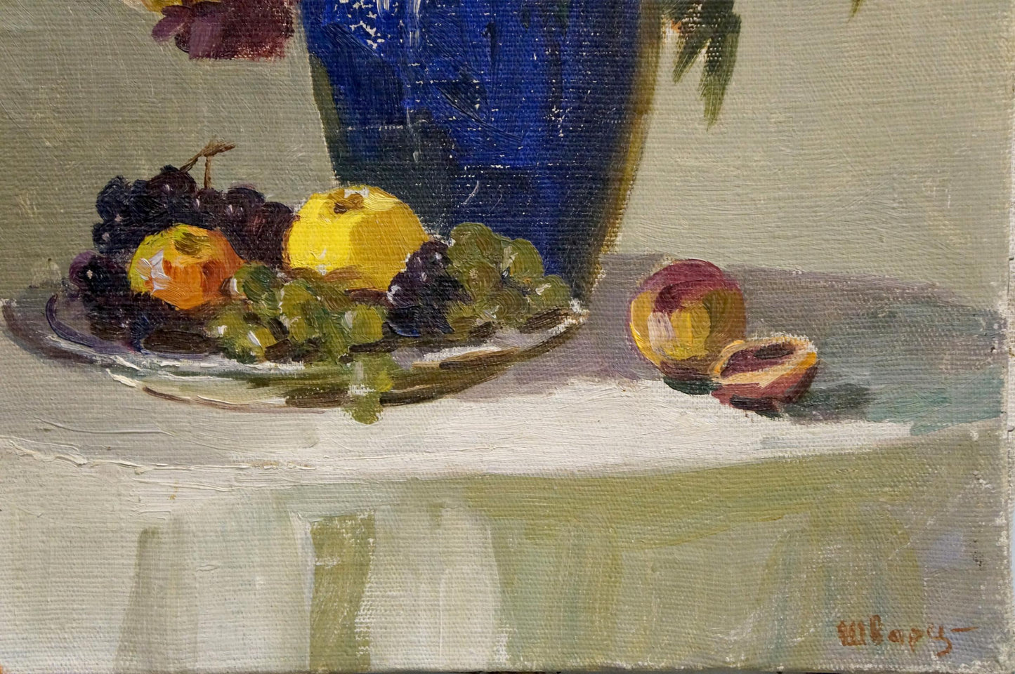 Oil painting of blue vase with grapes, yellow fruits on silver plate by Shvarts