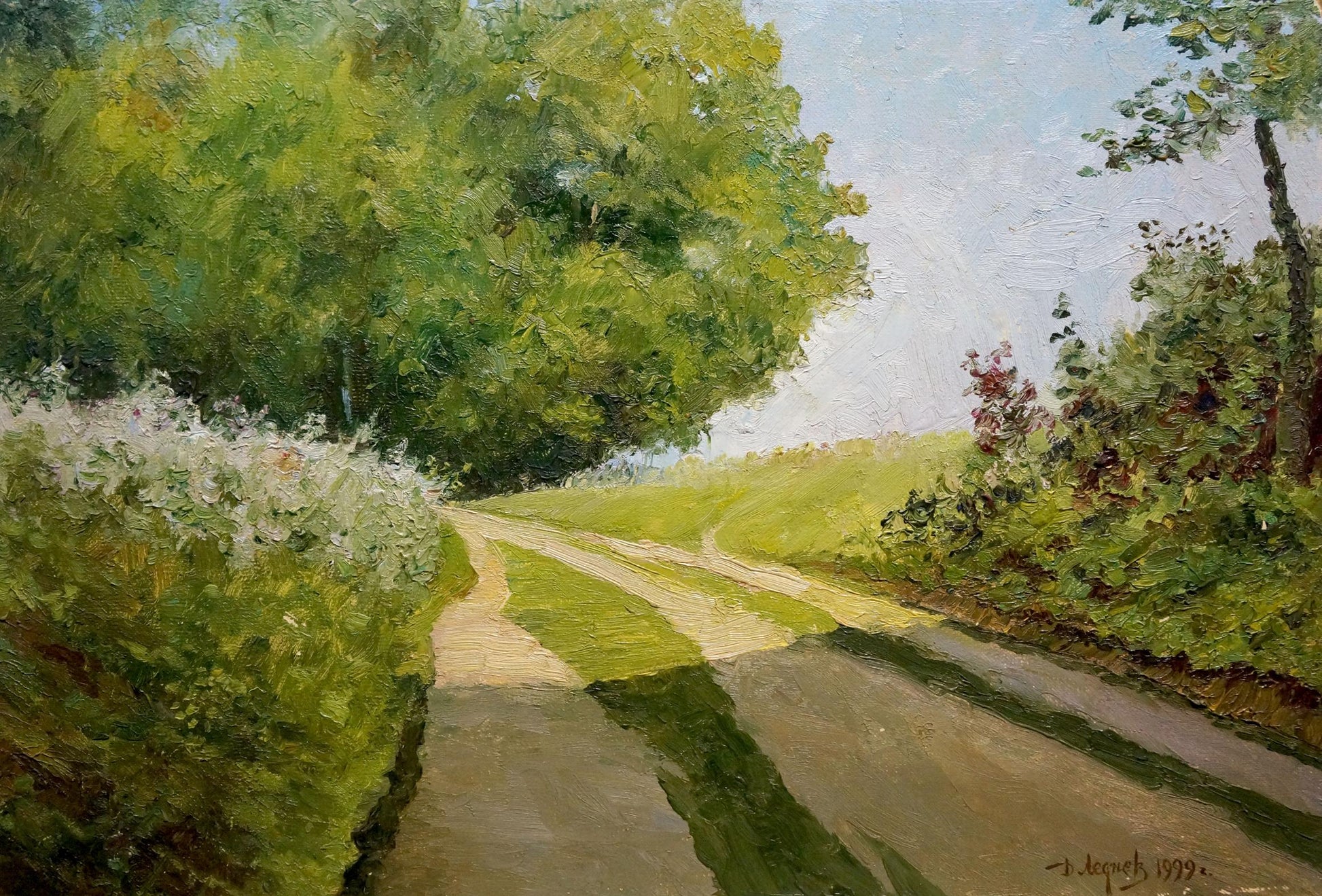 Serene oil painting by Lednev Dmytro Yakovych of winding road with trees