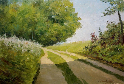 Serene oil painting by Lednev Dmytro Yakovych of winding road with trees