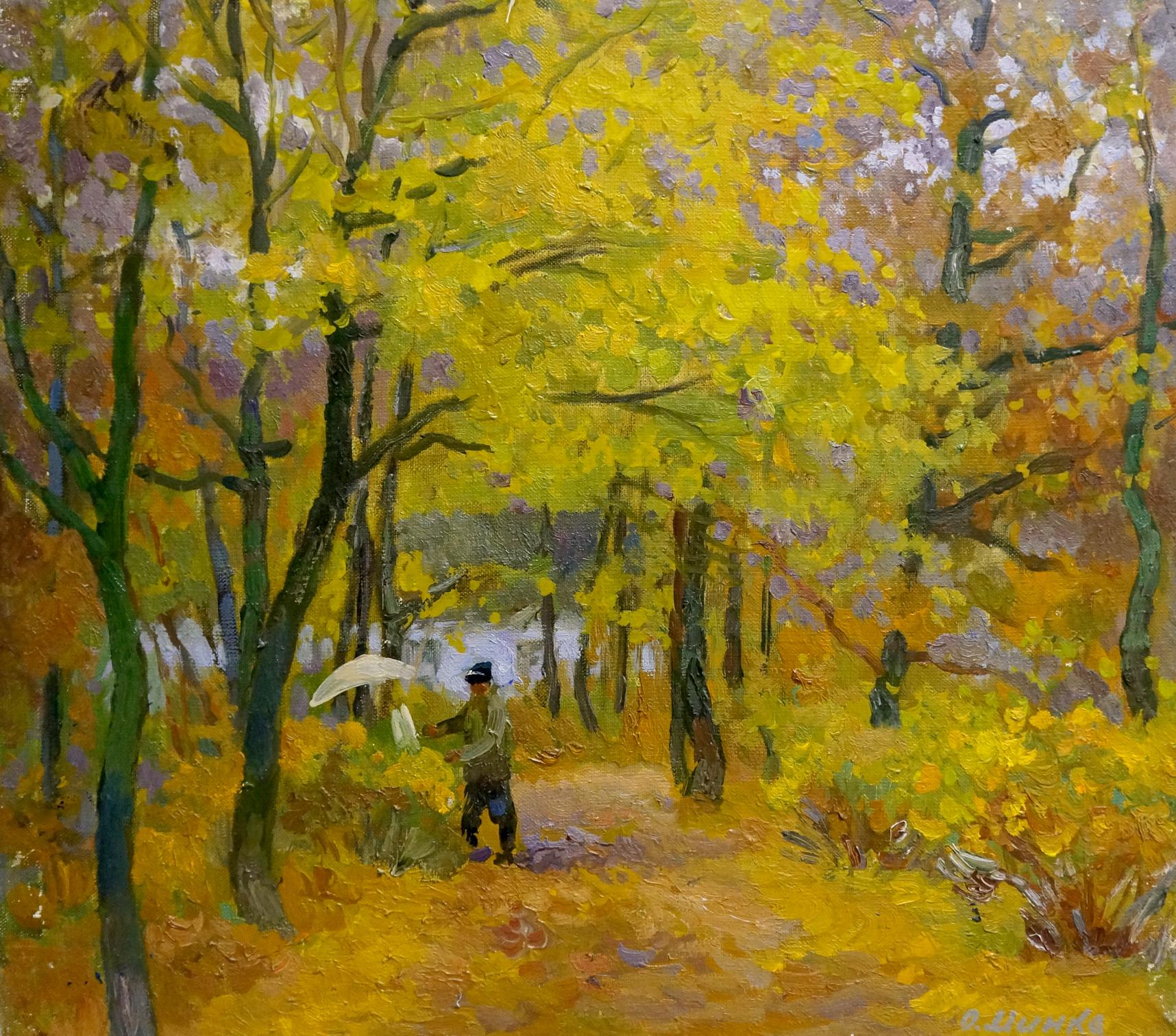Oil painting Autumn has come by Mynka Alexander Fedorovich, lone figure in autumn forest