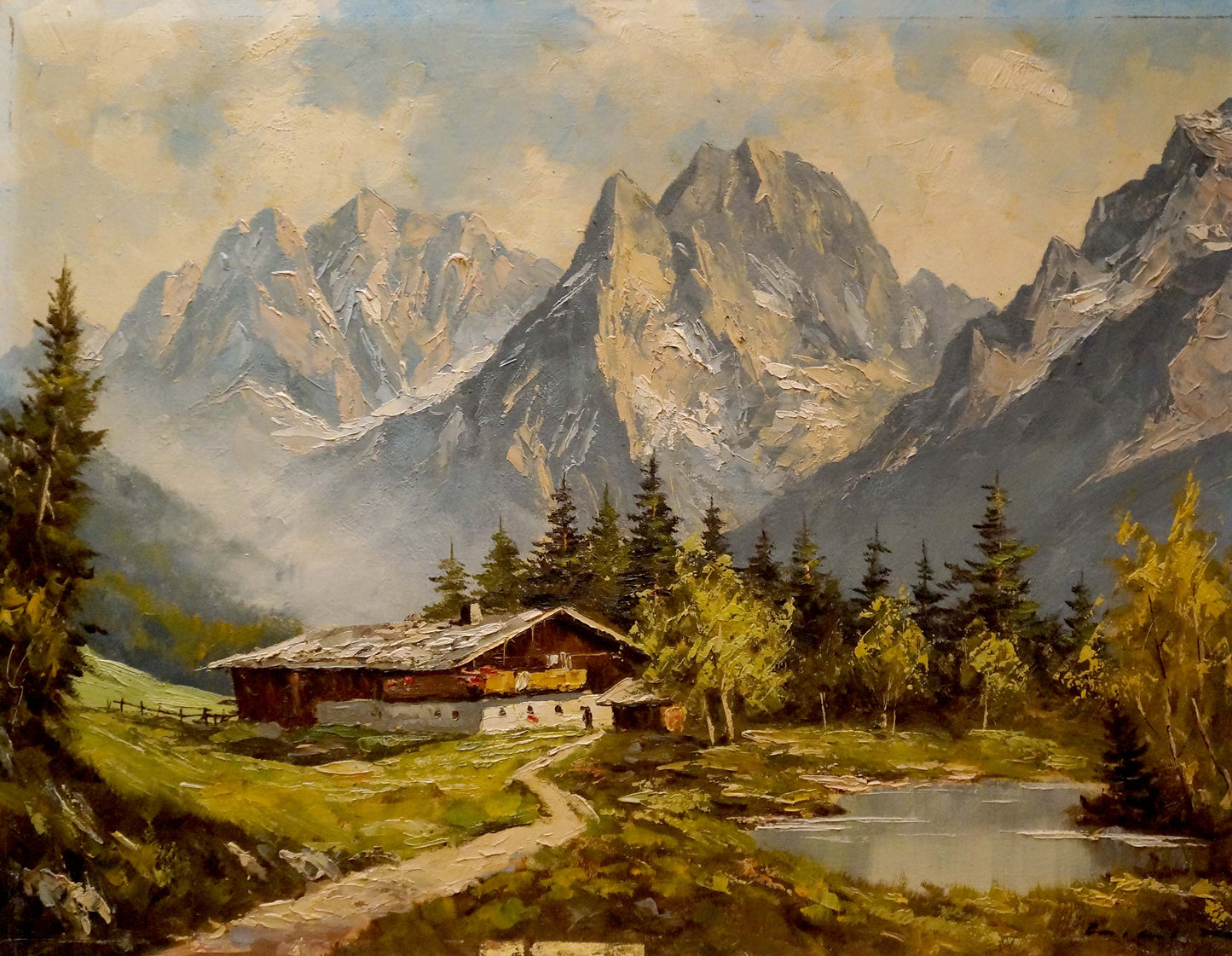 Oil painting of rustic mountain house Millt cabin among pines and snow peaks