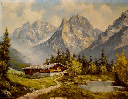 Oil painting of rustic mountain house Millt cabin among pines and snow peaks