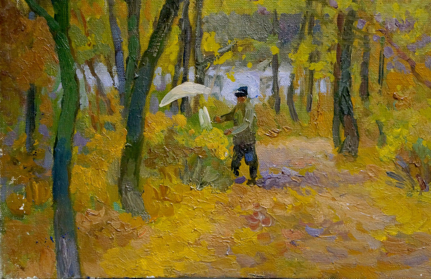 Oil painting Autumn has come by Mynka Alexander Fedorovich, figure in dark hat and green coat with white umbrella in autumn forest