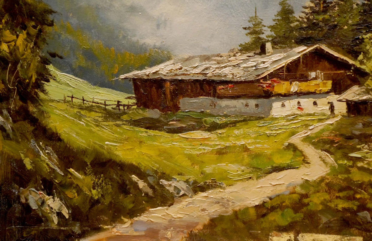 Oil painting of rustic mountain house millt cabin in lush green valley