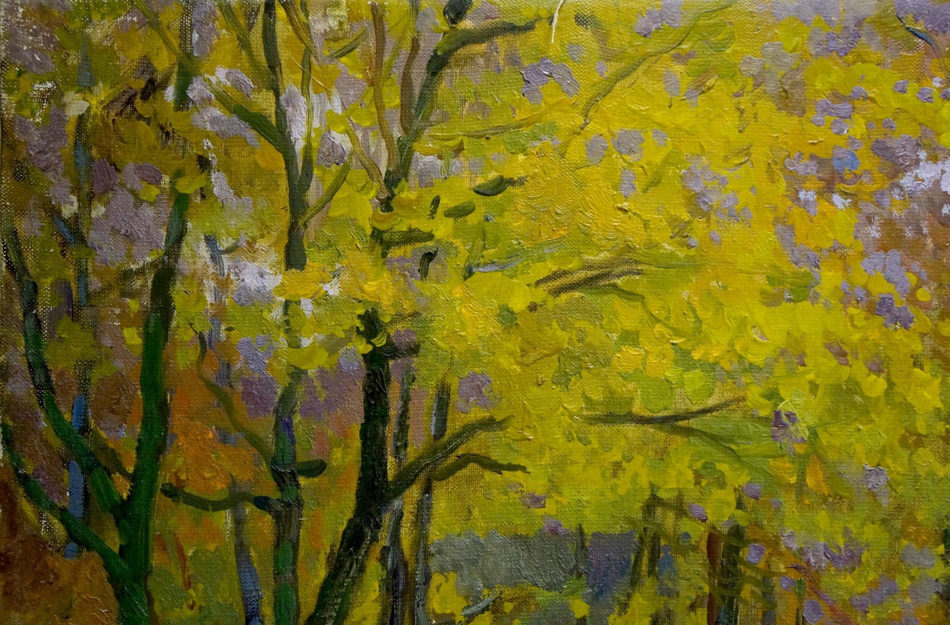 Oil painting Autumn has come by Mynka Alexander Fedorovich, vibrant impressionist trees