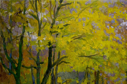 Oil painting Autumn has come by Mynka Alexander Fedorovich, vibrant impressionist trees