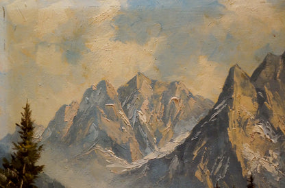 Textured oil painting of rugged snow-dusted peaks and mountain house Millt