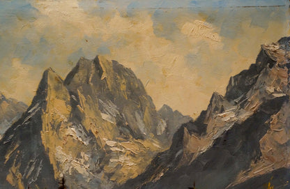 Textured oil painting of rugged sunlit mountain peaks, house, and mill