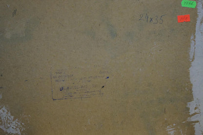 Back of beige canvas oil painting Natural beauty by Lednev Dmytro Yakovych with handwritten dimensions and faded label