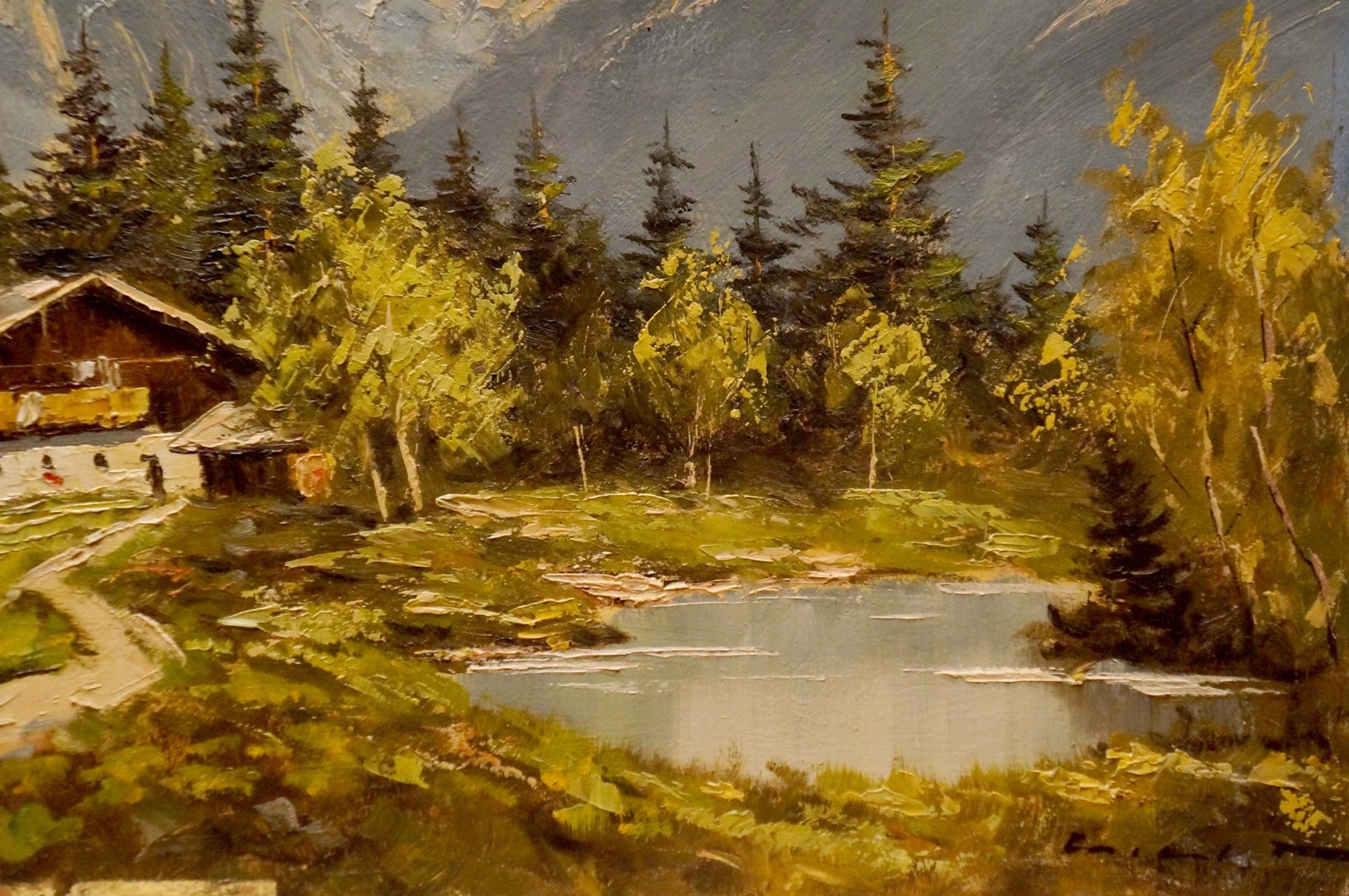 Oil painting of rustic mountain house mill by lake amid green yellow trees