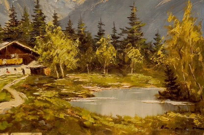 Oil painting of rustic mountain house mill by lake amid green yellow trees
