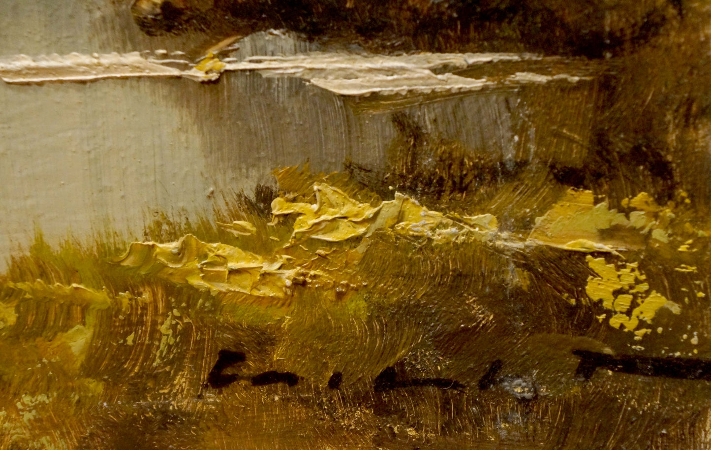 Textured impasto oil painting of mountain house Millt in gold ochre tones