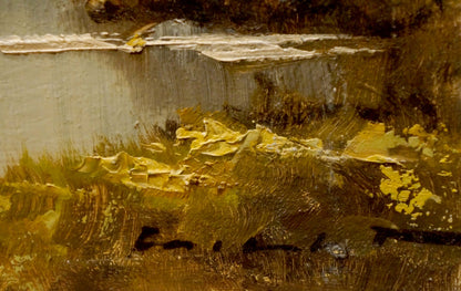 Textured impasto oil painting of mountain house Millt in gold ochre tones
