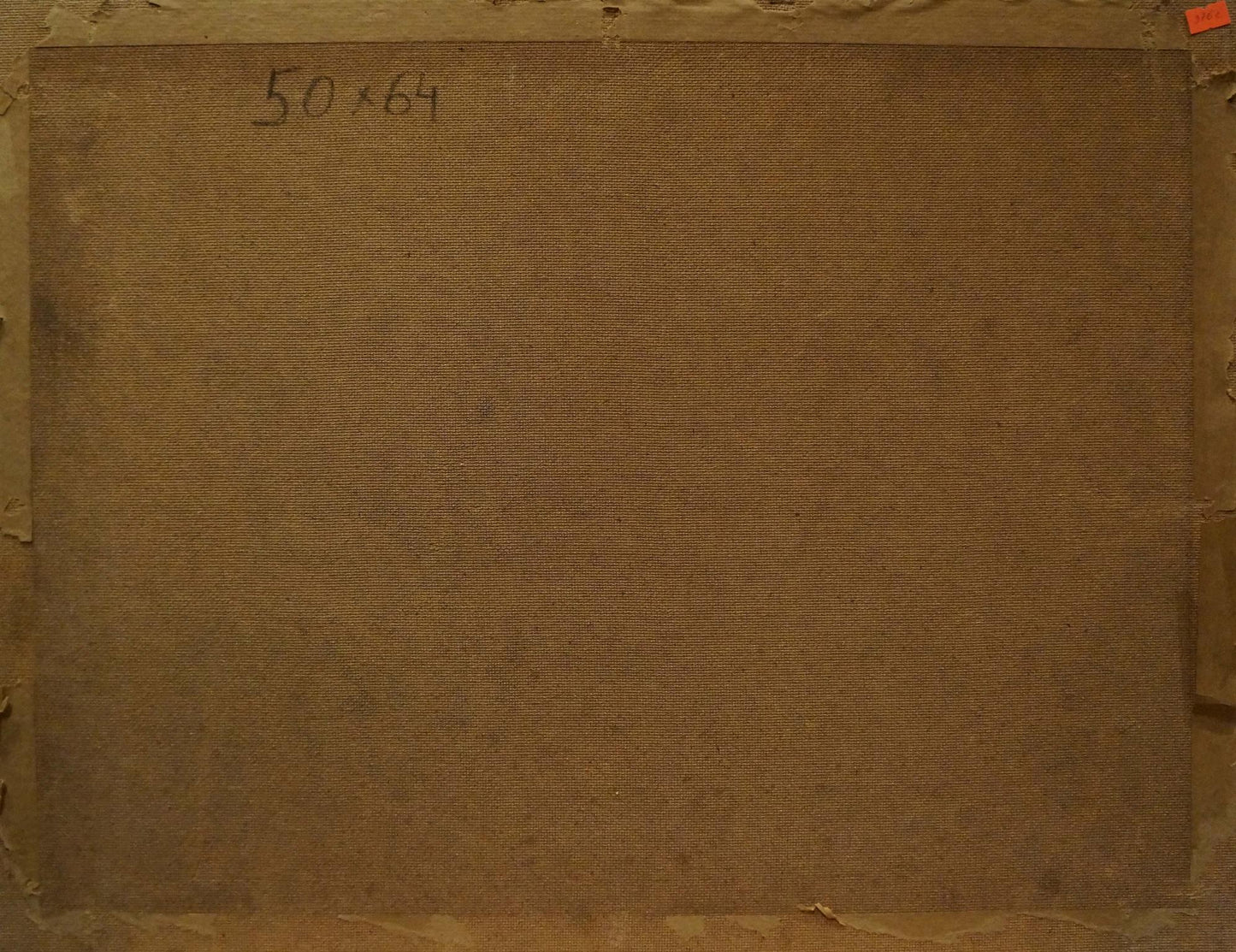 Back of Oil painting Landscape with mountain house Millt, brown canvas 50x64 inches