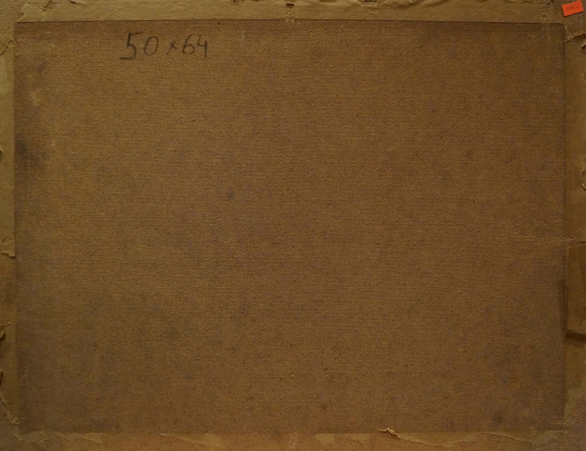 Back of Oil painting Landscape with mountain house Millt, brown canvas 50x64 inches