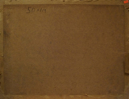Back of Oil painting Landscape with mountain house Millt, brown canvas 50x64 inches