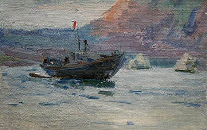 Oil painting Rest on the boat by Shishko Sergei Fedorovich: dark fishing boat with red flag near rocky shore