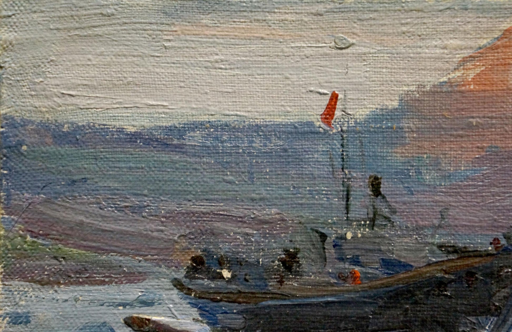 Oil painting Rest on the Boat by Shishko Sergei Fedorovich, red flag atop mast in seascape