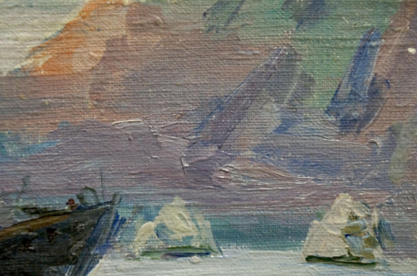 Textured oil painting of Rest on the boat by Shishko Sergei Fedorovich, coastal scene
