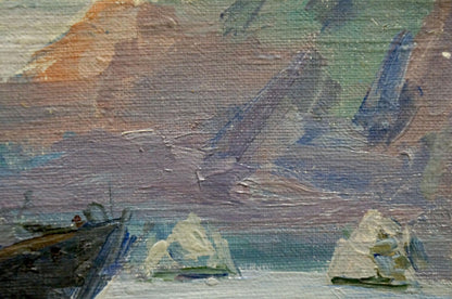 Textured oil painting of Rest on the boat by Shishko Sergei Fedorovich, coastal scene