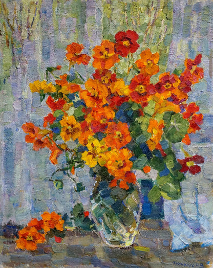 Oil painting of vibrant orange red nasturtiums by Tkachenko Nina Vasilievna