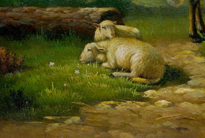 Oil painting of two cream sheep portrait in lush green field