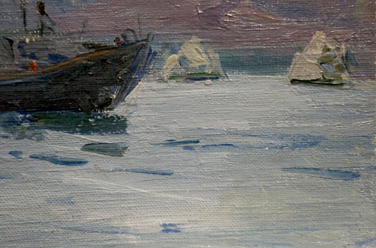 Oil painting Rest on the boat by Shishko Sergei Fedorovich, dark boat with red buoy amid icebergs