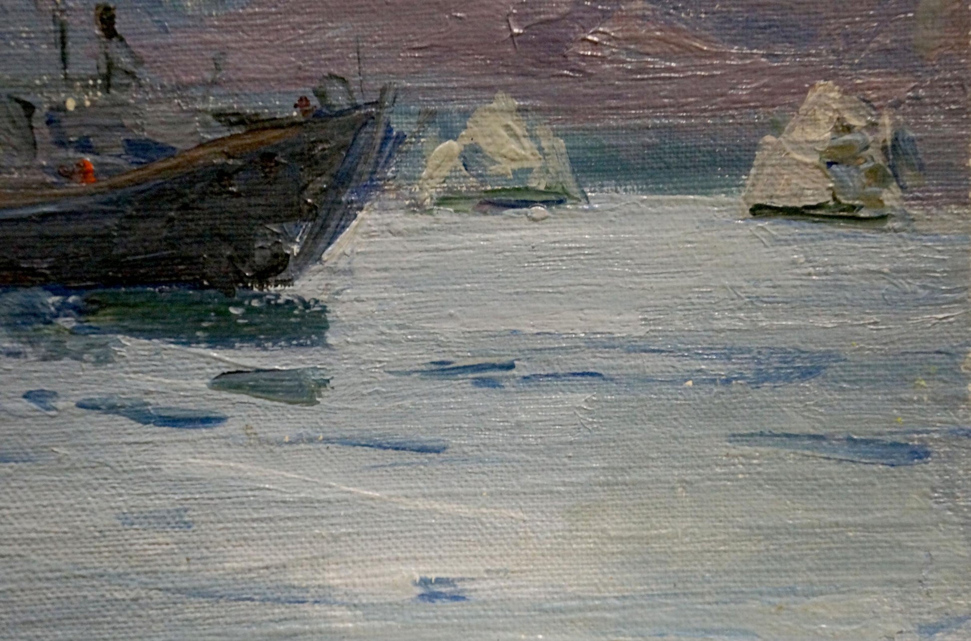 Oil painting Rest on the boat by Shishko Sergei Fedorovich, dark boat with red buoy amid icebergs