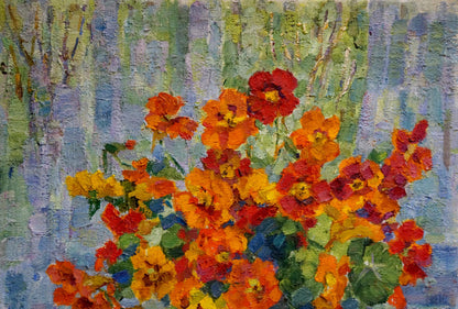 Vibrant orange red nasturtium bouquet oil painting by Tkachenko Nina Vasilievna