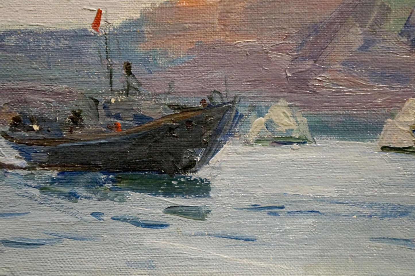 Oil painting by Shishko Sergei Fedorovich: dark fishing boat with red flag in icy waters