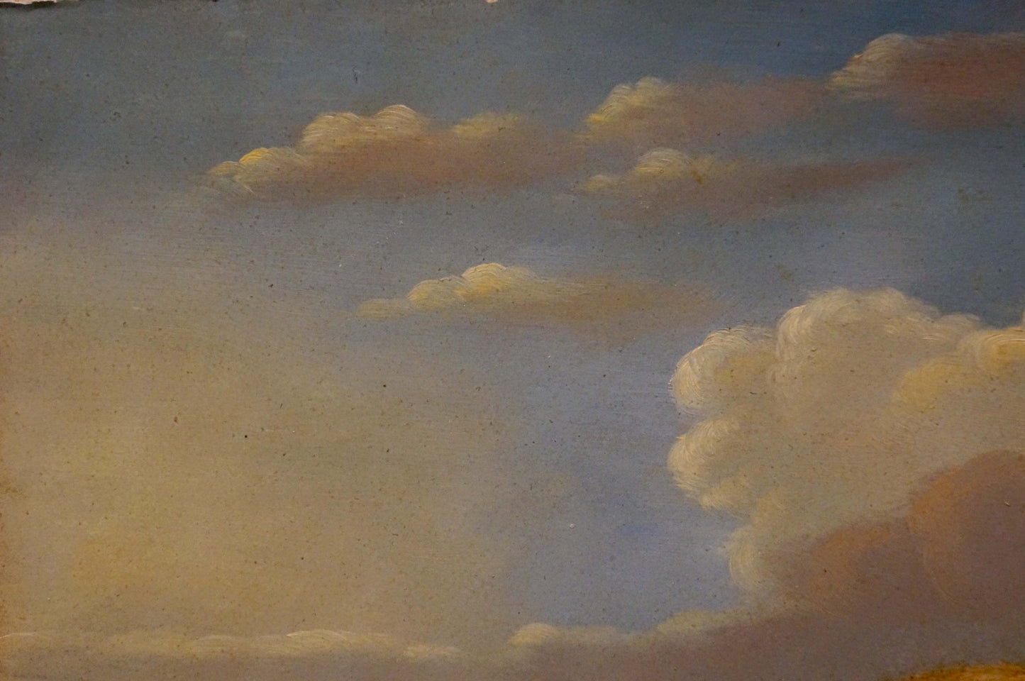 Oil painting of goats portrait with soft cream peach clouds in blue sky