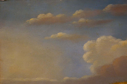 Oil painting of goats portrait with soft cream peach clouds in blue sky
