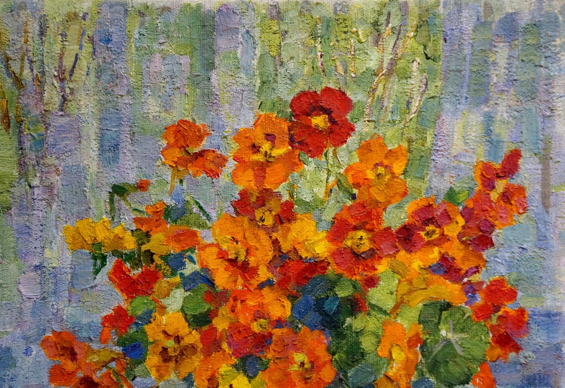 Vibrant impressionistic oil painting of orange red nasturtium flowers by Tkachenko Nina Vasilievna