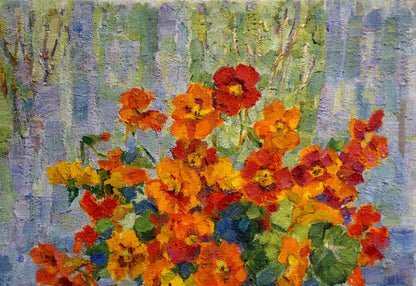 Vibrant impressionistic oil painting of orange red nasturtium flowers by Tkachenko Nina Vasilievna