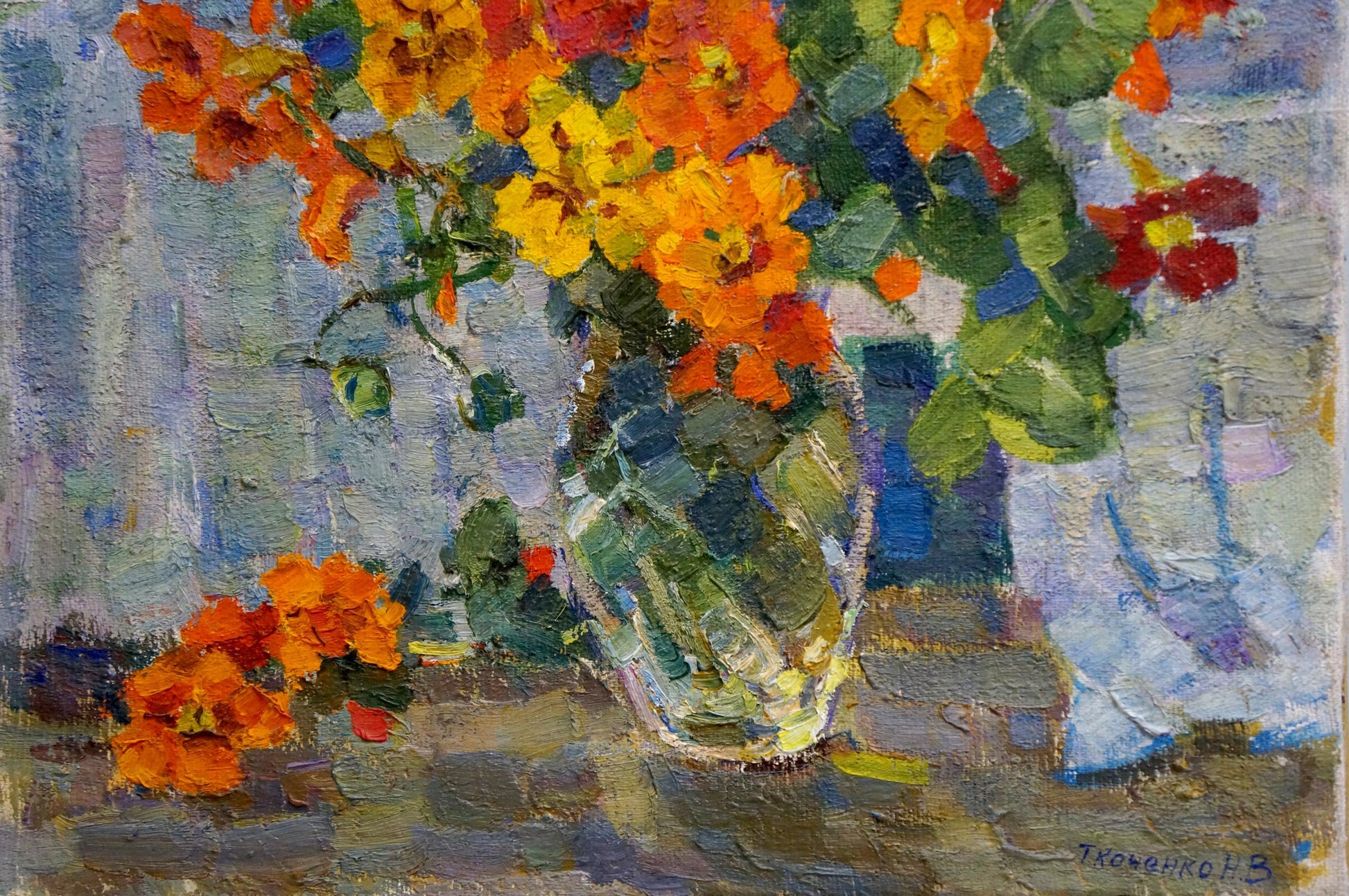 Oil painting of vibrant orange yellow nasturtiums in vase by Tkachenko Nina Vasilievna