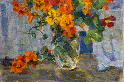 Oil painting of vibrant orange yellow nasturtiums in vase by Tkachenko Nina Vasilievna