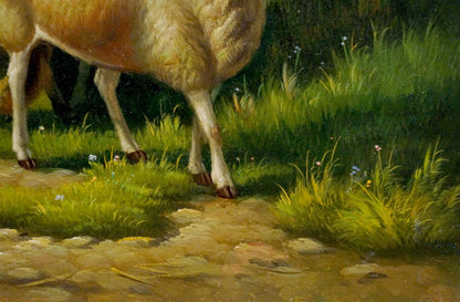 Detailed oil painting of sheep lower half on sunlit grassy path