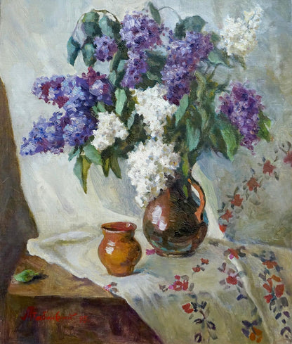 Oil painting Lilac by Zhabinsky Leonid Andreevich with lilacs in rustic pitcher