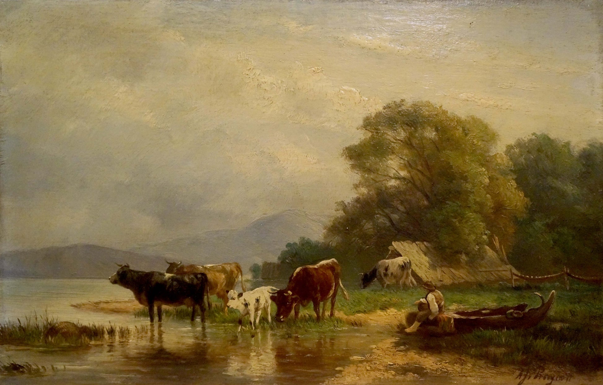 Oil painting of cows in pasture by river with rustic rowboat on shore