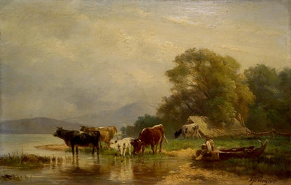 Oil painting of cows in pasture by river with rustic rowboat on shore