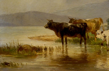 Serene oil painting of three cows in pasture by river, unknown artist