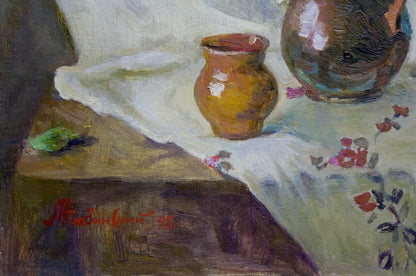 Oil painting Lilac by Zhabinsky Leonid Andreevich in orange ceramic jug