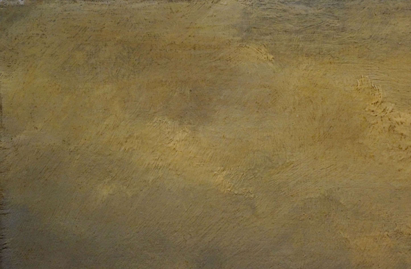 Oil painting of cows in pasture by river, textured beige-brown surface