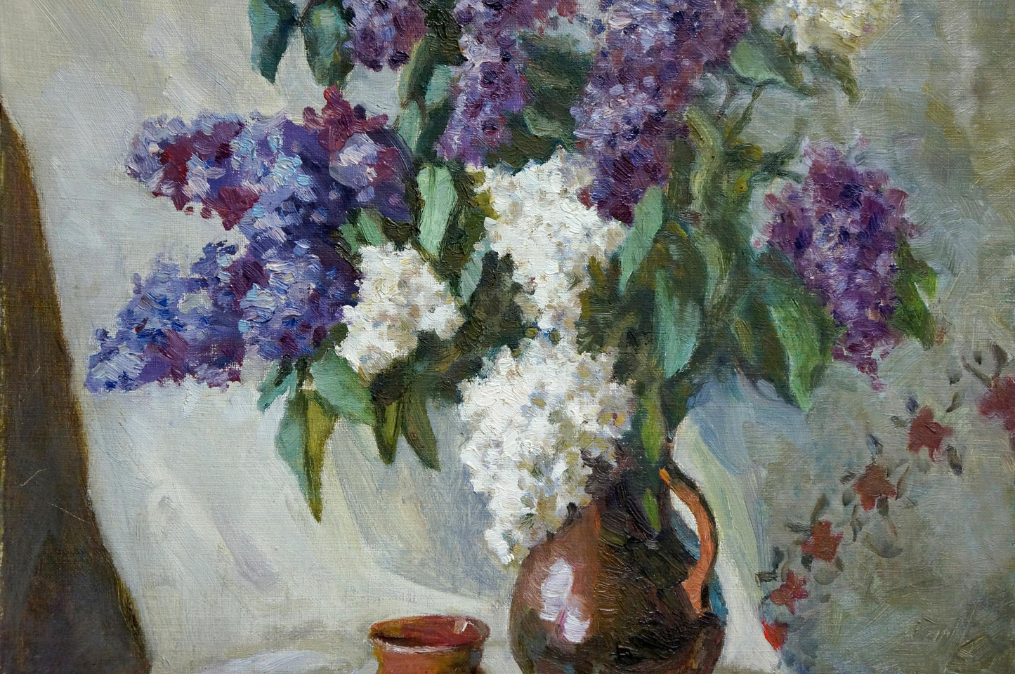 Oil painting of rustic brown pitcher with purple white lilacs by Zhabinsky Leonid Andreevich