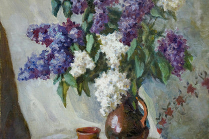 Oil painting of rustic brown pitcher with purple white lilacs by Zhabinsky Leonid Andreevich