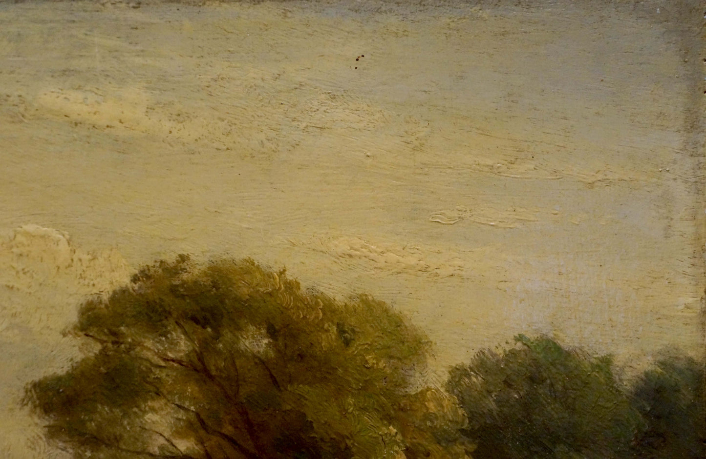 Textured impressionistic oil painting of cows in pasture by river, tree foliage