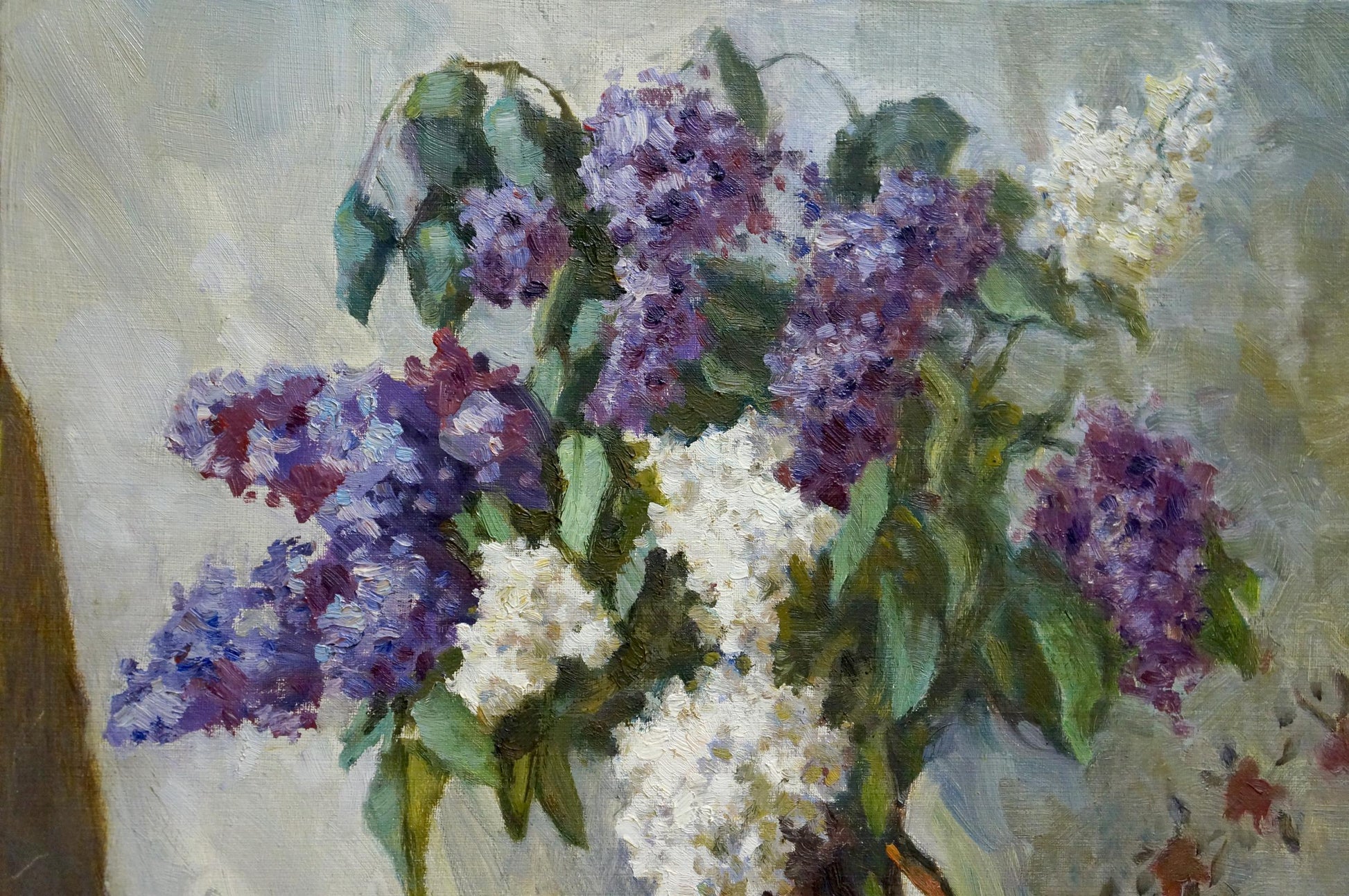 Oil painting Lilac by Zhabinsky Leonid Andreevich impressionistic purple white lilacs
