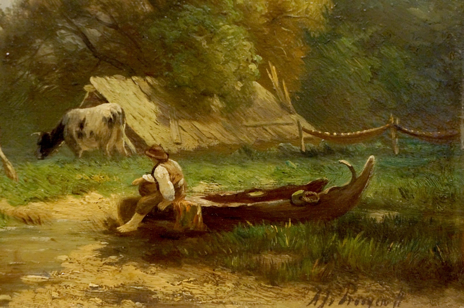 Oil painting of rustic canoe on grassy bank by stream with cows in pasture